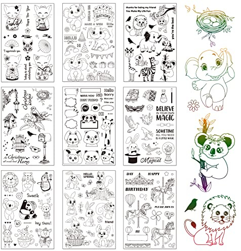 GLOBLELAND 9 Blatt Tierstempel Clear Stamps Tier Silikonstempel Katze Elefant Schwein Löwe Hase Schaf Transparentes Stempel Siegel für Kartenherstellung Dekoration und DIY Scrapbooking Dekor