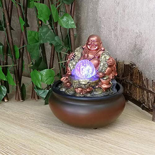 NSXBY Indoor Water Fountain Happy Buddha Statues,Waterfall Feature Ornaments For Home Decor Good Luck & Happy,Laughing Buddha Tabletop Fountain With Led Light-B 20 * 16 * 16cm