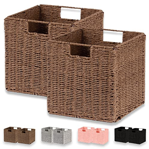 Vagusicc Wicker Basket, Set of 2 Hand-Woven Paper Rope Storage Baskets for Organizing, Foldable Cubby Storage Bins, 11 Inch Large Wicker Storage Basket, Square Baskets Cube Storage Organizer, Brown
