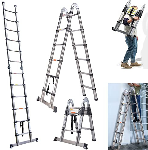 Stainless Steel Telescopic Ladder 3.8M (1.9m+1.9m) Heavy Duty Folding Extension Ladder, 330lbs/150KG Capacity