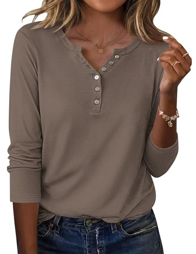 WNEEDU Donna Magliette Maniche Lunghe Henley T-Shirt Camicetta a Maglia Maglione Bottoni Scollo a V