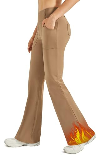 G4Free Fleecefodrade leggings dam yoga klänning byxor med 4 fickor stretchiga arbetsbyxor business casual 73,7 cm/31 tum, Brun, L