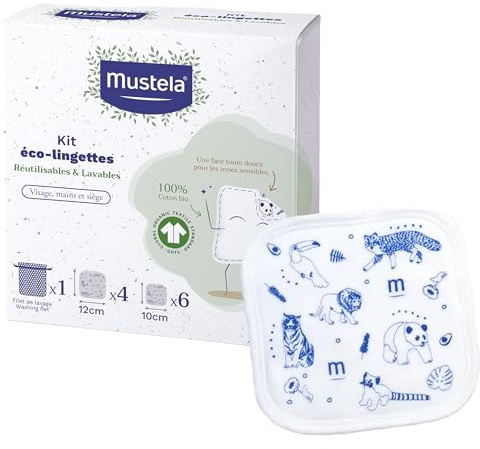 Mustela Salviette Riutilizzabili Cambio Pannolino 100% Cotone GOTS, Corpo e Make Up, Neonati e Tutta la Famiglia - Puliscono la Pelle e Assorbono lo Sporco, Adatte a Pelli Sensibili (10 Pezzi)