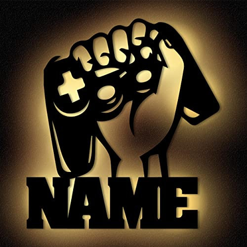 Namofactur® - Personalisiertes Gamer LED Schild HDF Schwarz | Gaming Lampe mit Wunschname für Jugendzimmer Jungen Mädchen | Deko Leuchtschild für Zockerzimmer, Schreibtisch & Wand | Gamer Geschenk