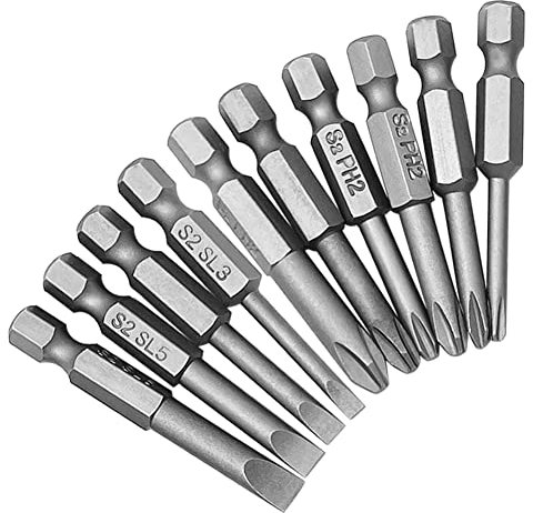 Saipor 10Pcs Magnetic Screwdriver Bit Sets 1/4 Inch Hex Shank Flat Slotted + Phillips Cross Head Screw Driver S2 Steel Drive Drill Bits for Electric Screwdrivers (2 inch/50mm Length)