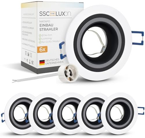 SSC-LUXon Matapo Einbaustrahler 6 Stück mit Lichtring ohne Leuchtmittel | Sechs Design-Deckenspots mit dezentem Lichtring - für Wohnzimmer, Flur & Küche, GU10 oder LED-Modul, matt schwarz & weiß