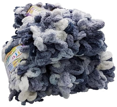 5 x 100 Gramm Strickwolle Alize Puffy Color, 500 Gramm Fingerstrick - Wolle mehrfarbig super bulky, Schlaufenwolle, Stricken ohne Nadel (grau weiss 5925)