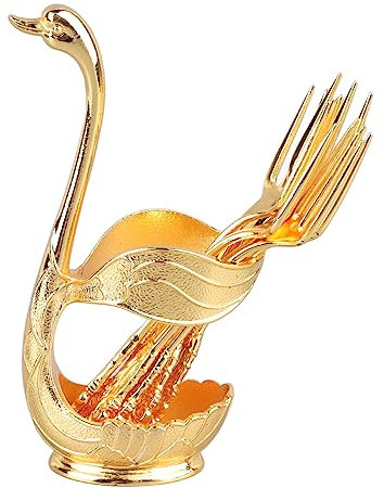 Porte-cuillère à café, Porte-cuillère à Dessert, Alliage Robuste de Style Cygne, Détails Riches pour la Fête (Support doré avec fourchette)