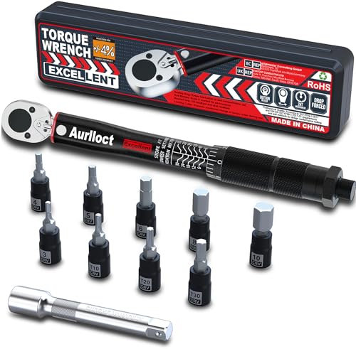 Aurlloct Juego de Llave Dinamométrica 1/4 Pulgada, 3-33 Nm Chave Dinamométrica, Incluye Extensión de 10 cm, para Mantenimiento de Bicicletas 11 Piezas