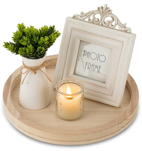 Hanobe Kerzenständer Holz Kerzenhalter Rund: Rustikal Klein Kerzenteller Tablett Natürlich Runde Kerzentablett Vintage Dekotablett 30cm Holztablett für Teelicht Deko Shabby Tischdeko