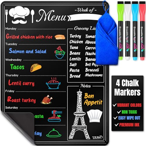 A3 Magnetische - trocken abwischbare schwarze Menütafel für den Kühlschrank (40 x 30 cm) - wöchentliche Essensplaner-Tafel mit 4 Neon-Kreidemarkern und Radiergummituch von Yes4Quality
