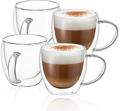 CNGLASS 8.5oz Glass Coffee Mugs,Double Wall Insulated Glass Mugs with Handle,Clear Espresso Mugs for Latte,Cappuccino,Tea Bag,Set of 4…