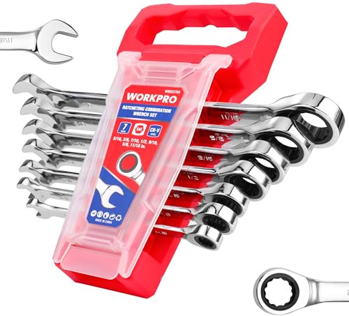 WORKPRO Ratcheting Wrench Set, SAE, 7-piece Ratcheting Combination Wrench Set, 5/16'', 3/8'', 7/16'', 1/2'', 9/16'', 5/8'', 18/16'', 12-Point, CR-V Steel, with Organizer Rack