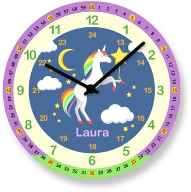 Faramosa Kinderwanduhr Lernuhr Einhorn Kinderuhr Mädchen Schule Wanduhr mit Namen Geschenk zur Einschulung lautlos
