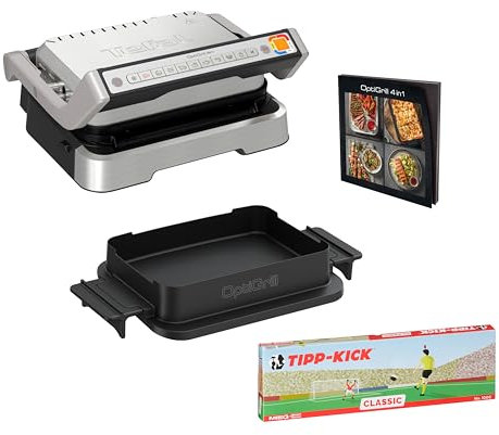 Tefal OptiGrill 4-in-1 Tipp-Kick Edition Kontaktgrill, Grillen/BBQ/Ofen/komplette Mahlzeit, 9 Automatik-Programme, inklusive Backschale und Tipp-Kick Spiel, Silber, GC774D.TK