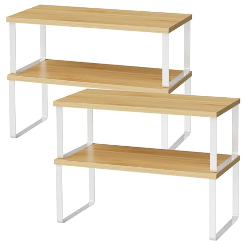 OGEMXU Cabinet Shelf Organizers, 15.7 inches Large Kitchen Counter Shelf, Set of 4 Wood Kitchen Pantry Organizer, Storage Shelves for Countertop, Spice Rack, Stackable, Expandable, Metal White, Nature