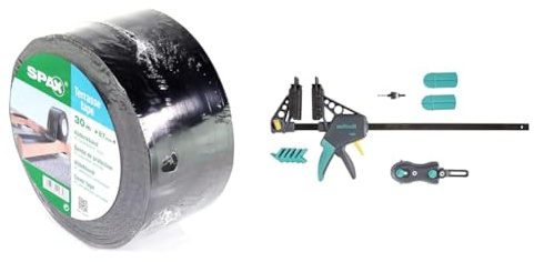 SPAX Bande d'étanchéité adhésive 87 mm de large - Rouleau de 30m - 4000009186419 & wolfcraft 6988000 - Kit de Pose de Terrasse en Bois - 10 pièces