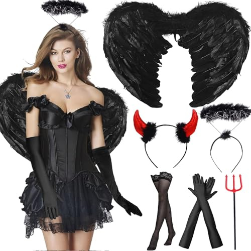 Ali d'Angelo Nere, Set di 6 Costumi da Diavolo Nero per Donne e Ragazze, Ali Nere da 60 cm, Set di Costume da Angelo Nero per Adulti, Costume da Angelo Nero per Halloween e Cosplay per Feste in