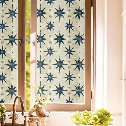 16“x118 Boho Indigo Star Pattern Double Side Window Films Decorative Window Privacy Tinting Film Self-Adhesive Static Glass Window Clings Stickers for Living Room Bathroom Glass Windows Decor