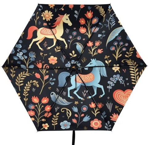 Linnyio Blumen Cartoon Kunst Pferde Taschenschirm, UV-Schutz, Kompakter Reiseschirm, Sonnenschutz für Jungen und Mädchen