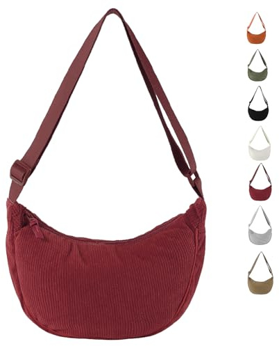 LOCCY Crossbody Bag Damen Cord, Halbmond Tasche Damen Cord, Einfarbige Halfmoon Bag Kord mit Verstellbarer Schultergurt für Frauen Reisen (Weinrot)