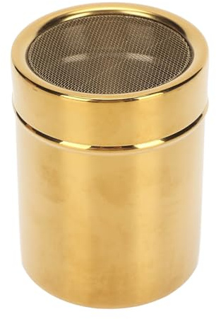 Sugar Shaker, Powder Shaker Stainless Steel Gold Fine Mesh Powder Sugar Shaker Duster Kitchen Supplies Powder Shaker Can for Kitchen | sugar duster with screw-on lid, reusable metal container, 304 kitchen supplies, coffee dusting tool, -