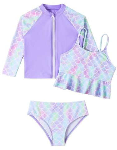 WYTbaby Badeanzug Mädchen Uv Badebekleidung 3 Stück Langarm Rash Guard Set Tankini Bikini Uv Schutzkleidung für Kinder Mädchen 7-8 Jahre