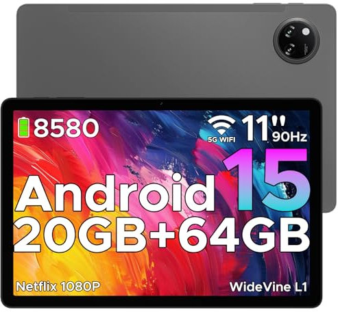 DOOGEE Tab A9+ Tablet 11 Pulgadas 8580mAh, Tablet Android 15, Unisoc T7200, 20GB RAM+ 64GB ROM (TF 2TB), Tableta Niños, 13MP/FM/Face ID/WidevineL1/GPS/Bluetooth 5.0/Altavoces Duales/Jack 3.5mm, Gris