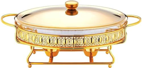CWCQGH Chafing Dish Rotondo da Buffet da 3 Litri, Set di scaldavivande in Acciaio Inox con vaschetta per l'acqua, vaschetta per Il Cibo, Contenitore per Il combustibile e c,Gold
