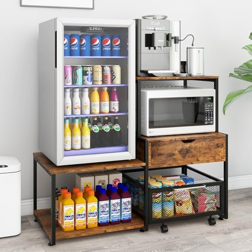PUNCIA Mini Fridge Stand with Storage, Coffee Bar Cabinet with Power Outlet and Drawer — Beverage Refrigerator Table, Microwave Oven Stand with Rolling Basket for Home Dorm Apartment Office