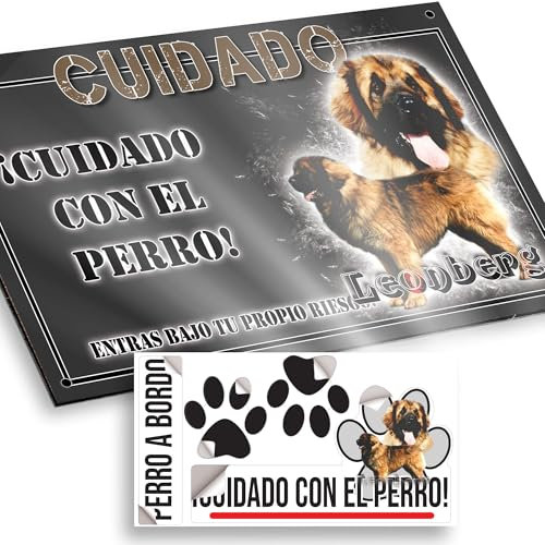 Leonberg Cartel Cuidado con el Perro 20x12,5cm - Diseño Antracita en Dibond con Pegatina Coche 20x5cm - En Español