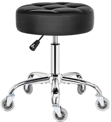 BEWISHOME Taburete con Ruedas, Ajustable giratoria de 360°, Silla de Piel sintética Resistente para Asiento Grueso,Peso de 200 kg, para salón de Belleza, SPA, clínica(Negro)