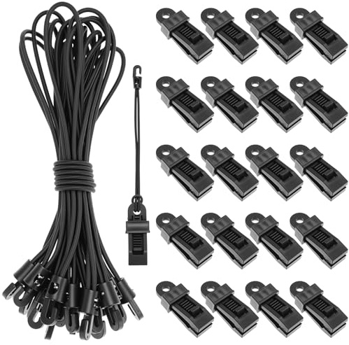 QWORK® 20 Pcs Tarp Clips & 20 Pcs Elastic Bungee Cord Set, Nylon Clips with 10Inch Stretch Hooks for Camping, Tarpaulins, and More