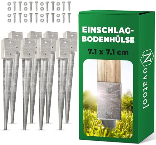 Novatool Set di 8 manicotti da terra 71 x 71 x 750 mm, manicotto per ombrellone da terra, pali in legno, picchetto da infilare, zincato, con viti