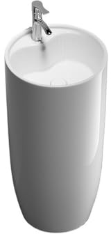 Lavabo à colonne Lavabo sur colonne blanc monobloc avec robinet argenté et kit de vidange, vasque circulaire en céramique for salle de bain Lavabo sur pied colonne