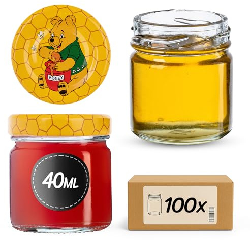 KADAX Lot de 100 mini bocaux en verre de 40 ml avec couvercle à visser fi43 mm, bocaux à essai, pots à confiture, mini pots à miel, bocaux ronds (Winnie l'ourson)