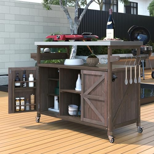 Isola da cucina da esterno con piano in acciaio inossidabile, carrello con barra di rotolamento, armadietto portaoggetti in legno massello, portaspezie e portasciugamani, ruote bloccabili per barbecue