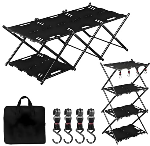 CGLRybO Portable Camping Table & Shelf, 2-in-1Folding Carbon Steel Picnic Rack 37 4-Tier Storage Cook Station with 4 Hooks,Perfect for Party, Dining, Camping, BBQ, Indoor, Outdoor