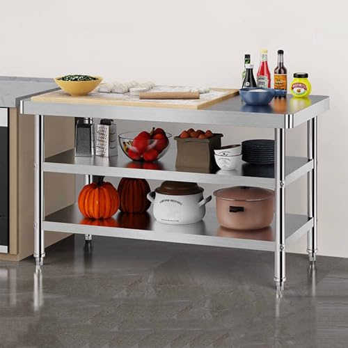 Laohucai Standing Stainless Steel Commercial Restaurant Kitchen Work Table, Food Prep Table with Storage Rack, Heavy Duty Prep Table, Metal Worktable for BBQ, Kitchen, Home, and Garage(3tier)
