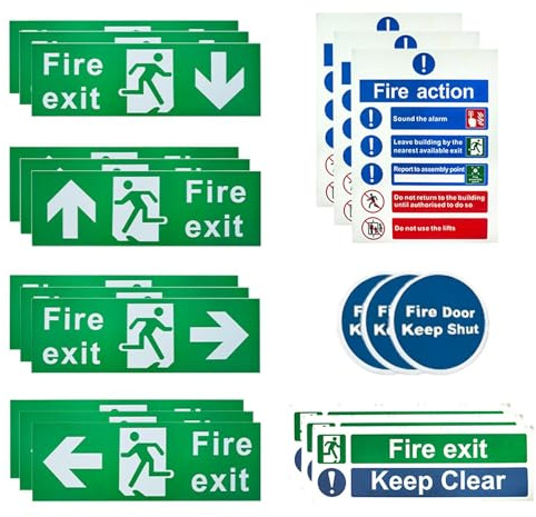 Fire Exit Sign Kit, 21 PCS Adhesive Safety Signage (Right, Left, Up, Down Arrow), Fire Door Stay Closed Stickers, Action Guide, Escape Route Keep Clear Labels