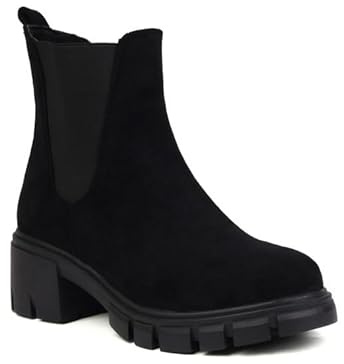 Generico Stivaletti Chelsea Donna in Camoscio Tacco Largo Elastico Laterale Slip On Comodi Antiscivolo Resistenti Eleganti per Uso Quotidiano Ufficio Streetwear,Nero,35 EU