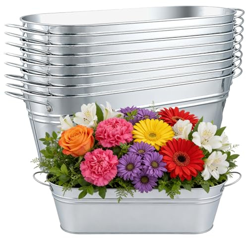 CHEUKYIU 8 Stück Metall Zinkwanne Oval Vintage, 29,3 x 11,5 x 9,8cm Verzinkte Pflanzschale, Dekorative Blumentopf mit Griffen für draußen, Silber