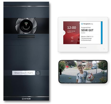 Metzler VDM10 2.0 Video Sprechanlage Komplett Set - mit austauschbarem Namensschild - Anschluss 2-Draht - Türsprechanlage mit Kamera und Bildschirm für 1 Familienhaus, in Anthrazit aus V2A Edelstahl