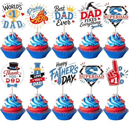 SYKYCTCY 36 Pack Happy Father's Day Cupcake Toppers Love Super Dad Cupcake Picks Daddy is My Hero Thank You Best Dad Cake Decorations for Happy Father's Day Birthday Party Decorations Supplies