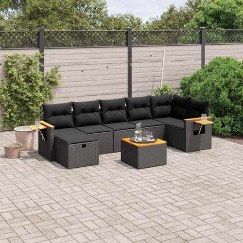 GeenYuu Set di 8 divani da giardino con cuscini neri in polyrattan, resistente alle intemperie, set di mobili lounge in rattan e metallo, con tavolo e gruppo di sedute per terrazza, balcone, veranda