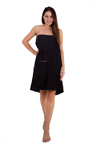 Julie Julsen Saunakilt für Damen 75 x 140 cm Druckknöpfen und Gummizug 100% Baumwolle Tasche aufgesetzt Schwarz