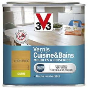 V33 Vernis intérieur cuisine & bains meubles et boiseries, Chêne doré satin 0,5L | Protection renforcée taches et graisses, Haute lessivabilité