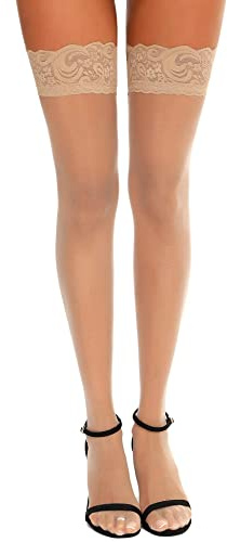 RSLOVE Calze Autoreggenti In Seta con Pizzo Silicone Antiscivolo Calze per Reggicalze da Donna Beige Taglia unica