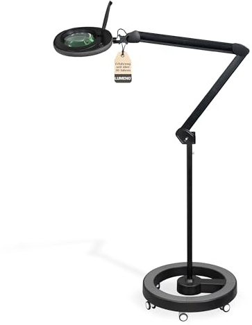 Lumeno LED Lupenleuchte 7213SW Lupenlampe mit 127 mm Echtglaslinse, Arbeitsplatzlampe, Kosmetiklampe, geeignet für Kosmetik, Bastler, Lesehilfe Vergrößerungslampe, 3 Dioptrien Schwarz mit Rollstativ
