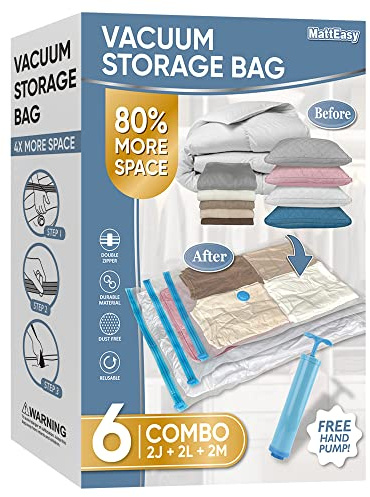 MattEasy Lot de 6 sacs de rangement sous vide (2 jumbo/2 grands/2 moyens) avec pompe, sacs de rangement scellés sous vide pour vêtements, couettes, couvertures, literie